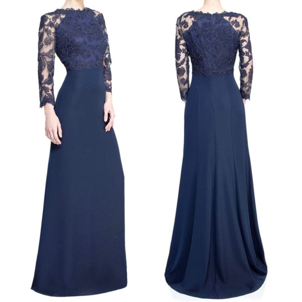 Tadashi Shoji 10P Navy Dress Lace Bodice Long Sleeve Wedding Party